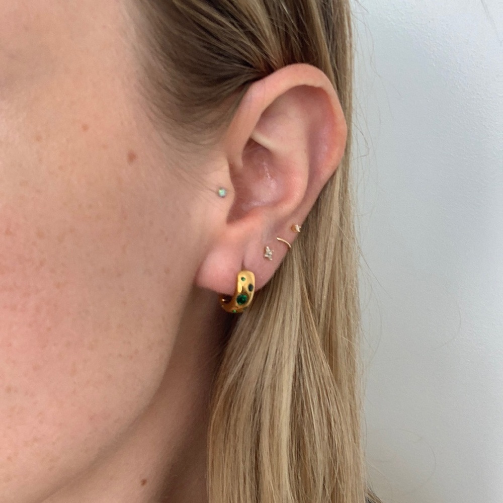 Gold plated stainless steel and green stone hoops huggie hoop earrings